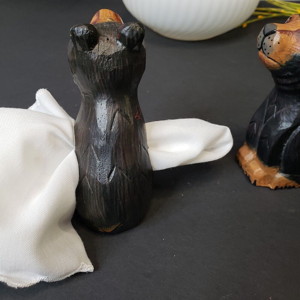 Farmhouse Primitive Hand Carved Wooden Black Bear Napkin Holders Rings Set of 4 - Picture 6 of 9